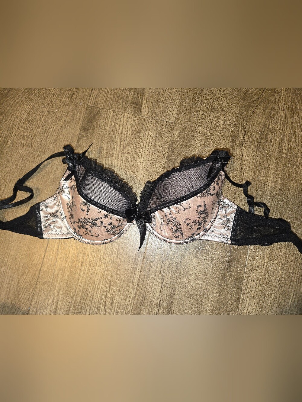 Satin Lace Trim Push-Up Bra in Blush with Black Accents